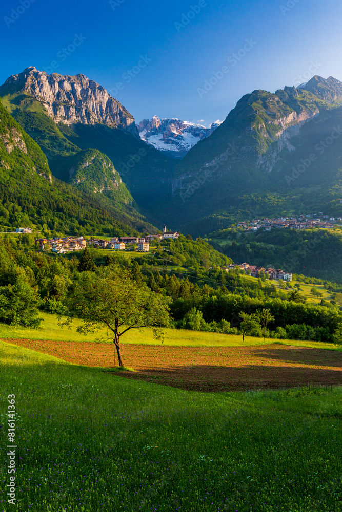 Italy Dolomites Mountains Scenic Landscape with Village and Forest, Summer Morning