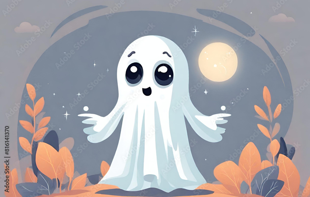 A funny ghosts on halloween celebration in a cemetery at night in cute cartoon style Halloween, A cartoon ghost with a happy face and a flowing white veil A funny ghosts on halloween celebration in a cemetery at night in cute cartoon style Halloween, A cartoon ghost with a happy face and a flowing white veil