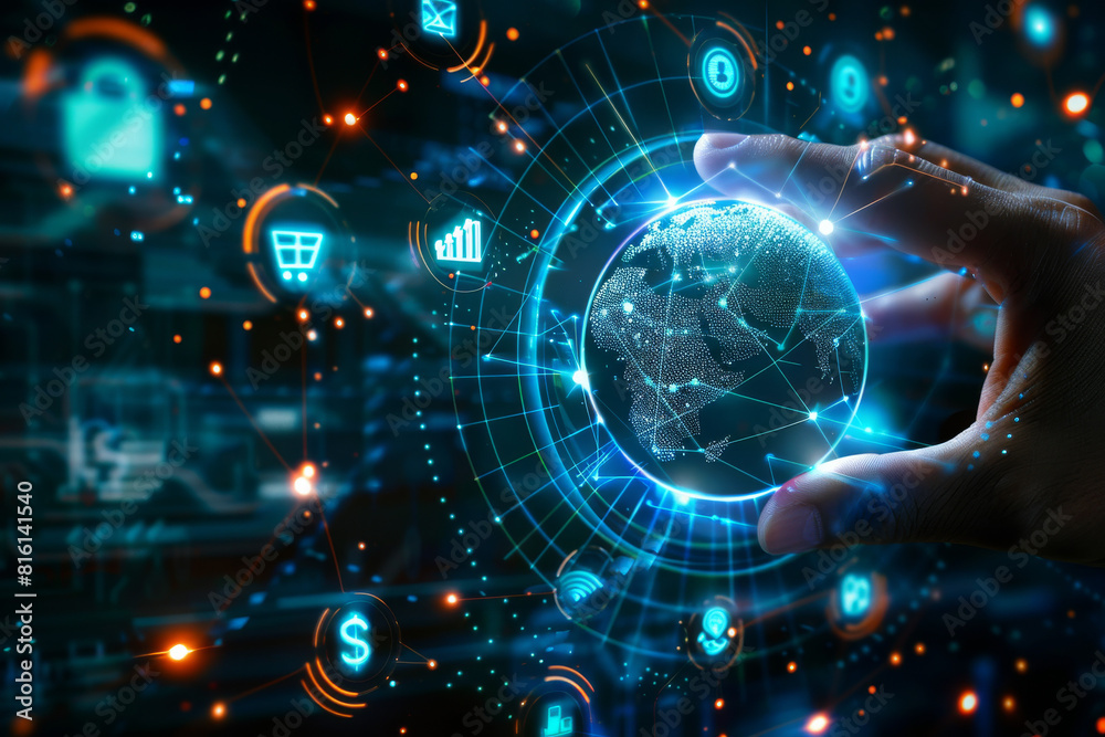 A hand is holding a glowing globe with icons around it A hand is holding a glowing globe with icons around it