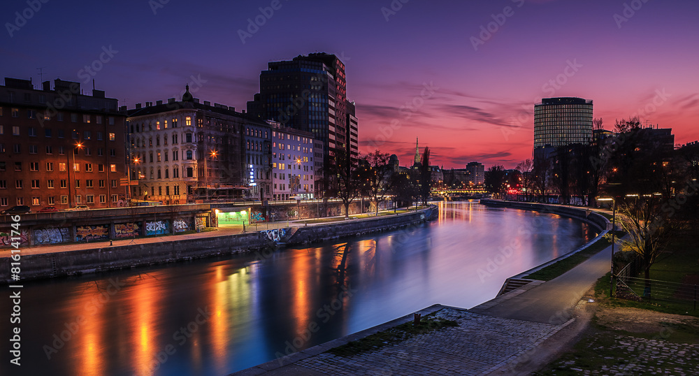 Donaukanal Vienna Austria Sunset Cityscape with Reflections on River, Evening Skyline