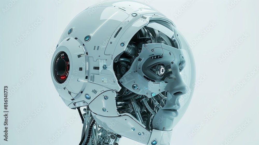 Detailed view of an AI robots head with a digital brain engine inside, rendered in 3D, set against a plain white backdrop. Generative AI Detailed view of an AI robots head with a digital brain engine inside, rendered in 3D, set against a plain white backdrop. Generative AI