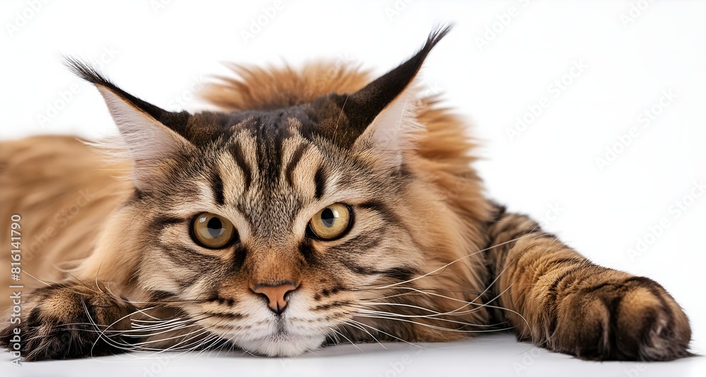 Focused view of a relaxed cat lying down, with every detail of its fur and expression clearly visible against a white background Focused view of a relaxed cat lying down, with every detail of its fur and expression clearly visible against a white background
