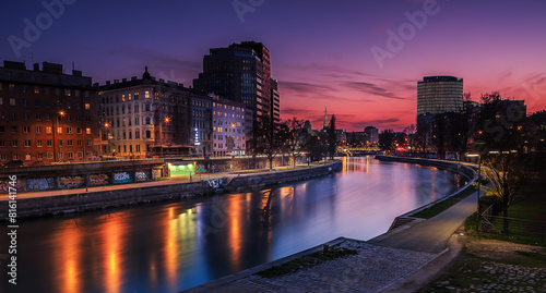 Donaukanal Vienna Austria Sunset Cityscape with Reflections on River, Evening Skyline