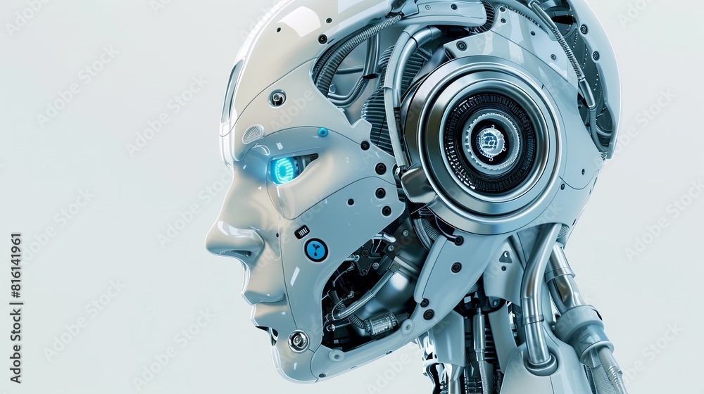 A 3D rendering of an AI robot head with blue eyes and a digital graphic brain engine, isolated on a white background. Generative AI A 3D rendering of an AI robot head with blue eyes and a digital graphic brain engine, isolated on a white background. Generative AI