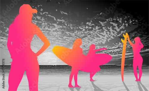surfistas, contraluz, vector, tabla, surf, mar, atardecer, mujer surfista, silueta, tablista, ilustracion, arte surf, rosa, surfista en la playa, chica surf, mujer