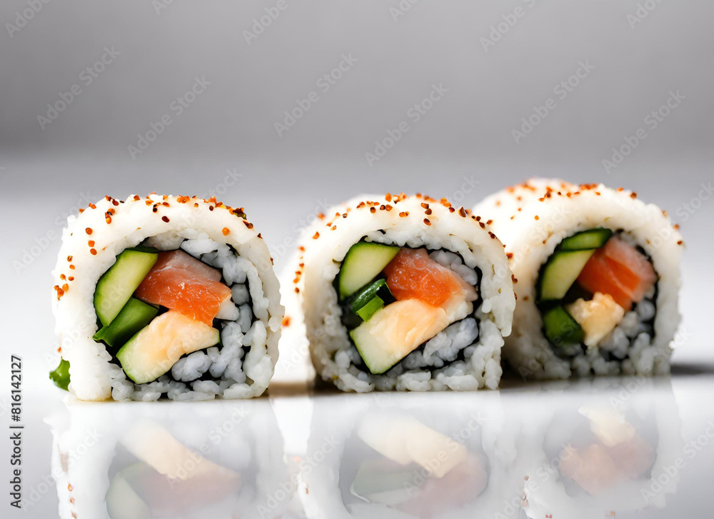 Sushi Roll against white background, California roll artfully arranged in an angular composition on white