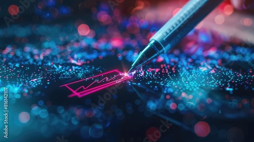 The image shows a glowing blue and pink digital landscape with a stylus hovering over it. photo