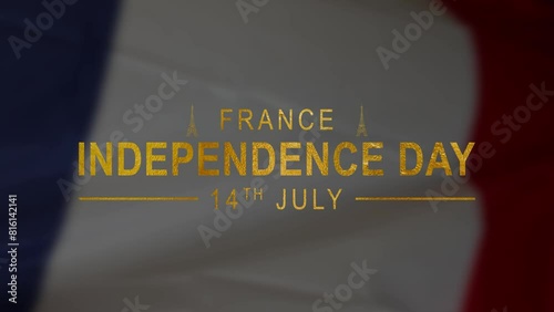 Happy Bastille Day Lettering Text Animation in gold color on france flag Background. Great for Celebrations, Ceremonies, Festivals, greetings in 4K.  photo