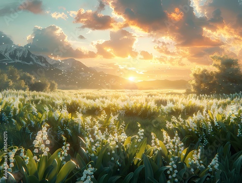 A field of blooming white flowers and lily of the valley at sunset