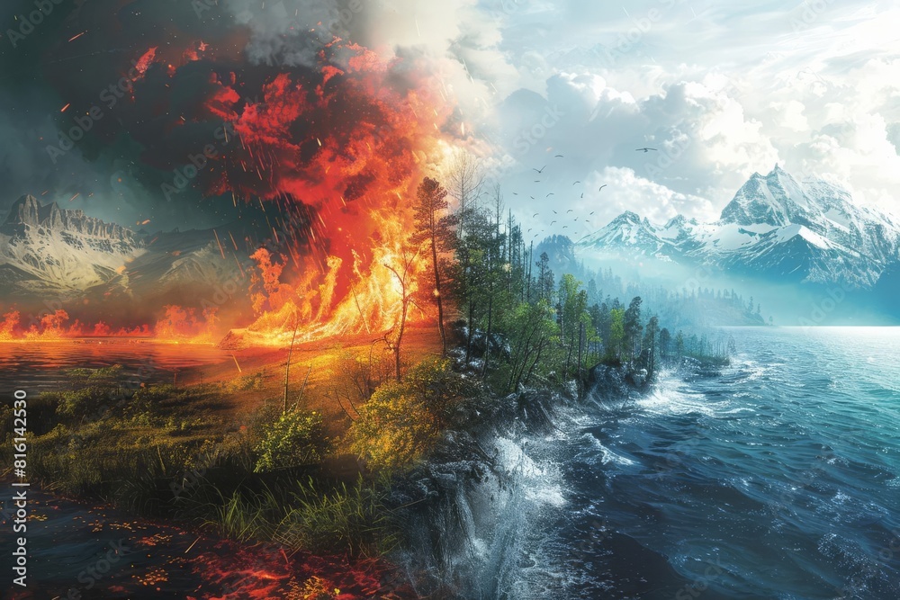 Futuristic Earth showing dramatic climate change effects with contrasting visuals of fiery destruction and untouched nature