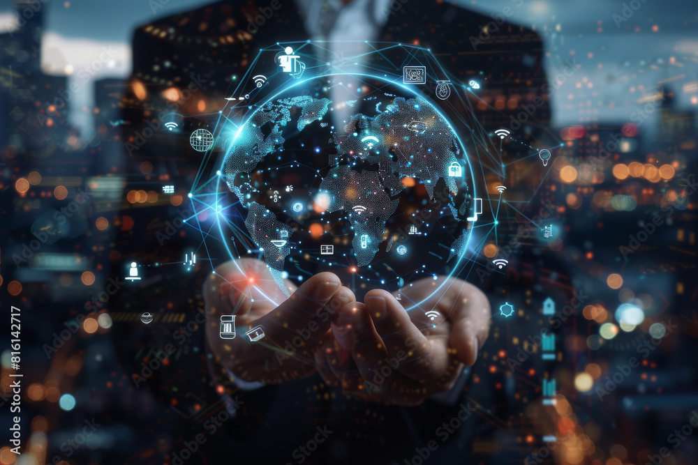 A man in a suit is holding a globe in his hands