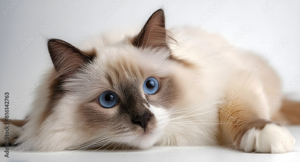 Focused view of a relaxed cat lying down, with every detail of its fur and expression clearly visible against a white background