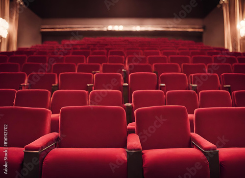 A cinema hall with red chairs and a lit up screen, Empty red theatre seats with descending circles of light and shadows