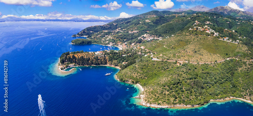 Greece, ionian islands Stunning nature beach scenery of Corfu . Aerial drone view of Kalami bay, eastern part. .
