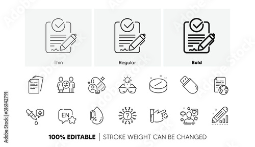No alcohol, Vitamin and Question mark line icons. Pack of Sunglasses, English, Patient icon. Usb stick, Discrimination, Documents pictogram. Internet document, Chemistry pipette, Rfp. Vector