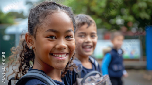 Multi-racial and mixed modern children's group. Two childs in foreground. One girl and one boy, they smile, they is happy. Outside in a schoolyard.
