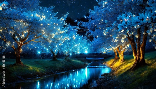 春の季節が訪れる、青い光、幻想的で美しく表現、桜が咲く Generated by AI
