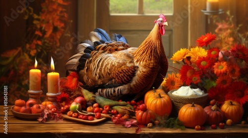 Warm, inviting image of a turkey surrounded by an autumnal fruit spread, depicting the essence of Thanksgiving celebrations