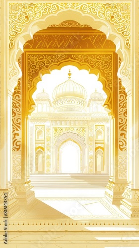 illustration of elegant golden indian wedding arch for invitations and greeting cards, traditional backdrop design with architecture photo