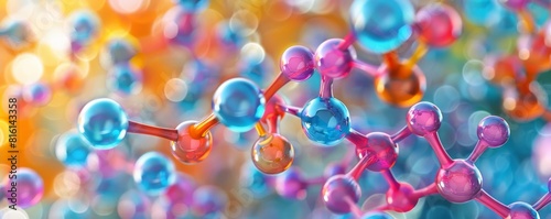 Vibrant 3D model of a molecular structure, with atoms represented by colorful spheres connected by bonds, set against a blurred background of similar forms