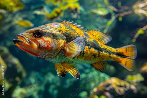 Peacock Bass swimming in clear waters, ideal for freshwater fishing enthusiasts.