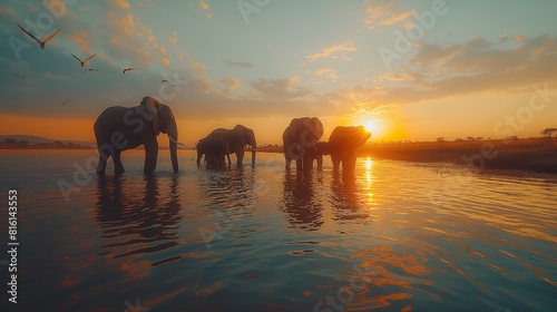 Nature documentary  elephants at a watering hole  African savanna  herd with playing calves  soft diffused daylight  birds in the sky created by ai