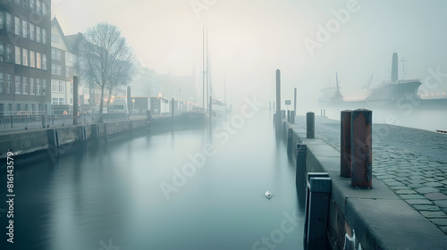 the waltershofer harbor in hamburg on a foggy day : Generative AI photo