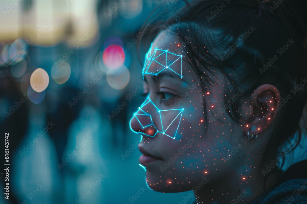 A woman 's face is lit up with lines and dots A woman 's face is lit up with lines and dots