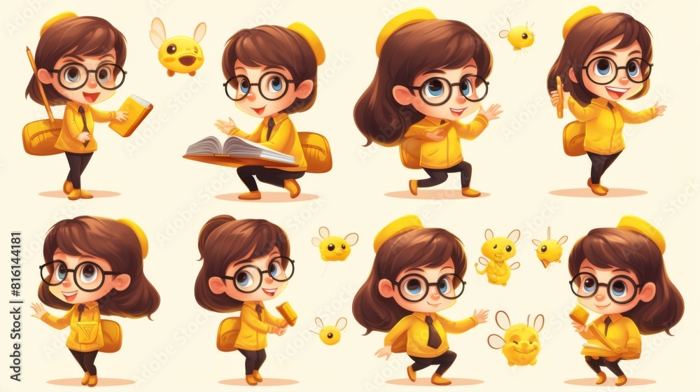 A heartwarming collection of cartoon-style images of a young girl with her adorable bee companions in various scenarios A heartwarming collection of cartoon-style images of a young girl with her adorable bee companions in various scenarios