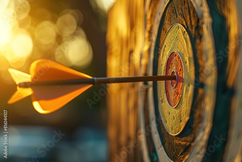 Close up of an arrow hitting the bullseye in a target with a blurred background