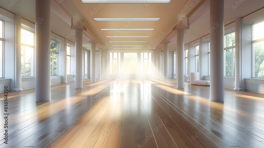 A spacious empty hall with columns and large windows A gym with wooden floors for yoga and fitness classes Interior design of the fitness center A large room without furniture : Generative AI A spacious empty hall with columns and large windows A gym with wooden floors for yoga and fitness classes Interior design of the fitness center A large room without furniture : Generative AI