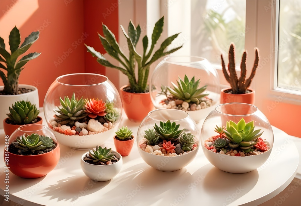 Sophisticated glass terrariums and premium porcelain planters brimming with a carefully curated assortment of flourishing succulents, cacti, and lush tropical plants, elegantly arranged on a pristine Sophisticated glass terrariums and premium porcelain planters brimming with a carefully curated assortment of flourishing succulents, cacti, and lush tropical plants, elegantly arranged on a pristine