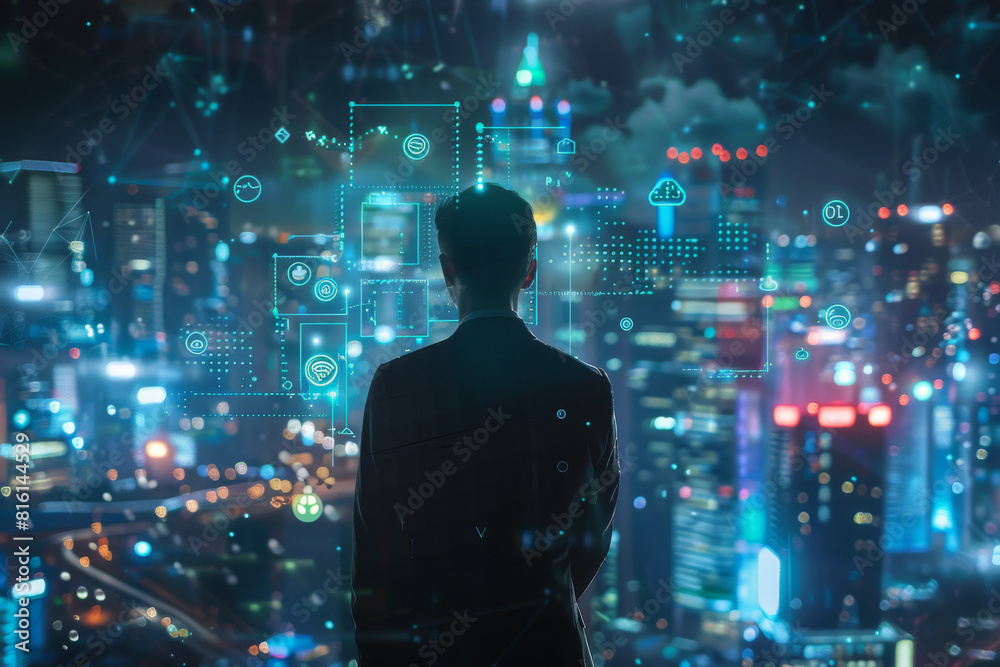 A man in a suit looking at a screen with icons on it A man in a suit looking at a screen with icons on it
