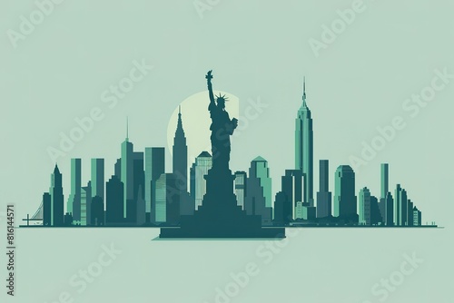 New York City skyline vector flat design, buildings and statue of liberty silhouette on light blue background
