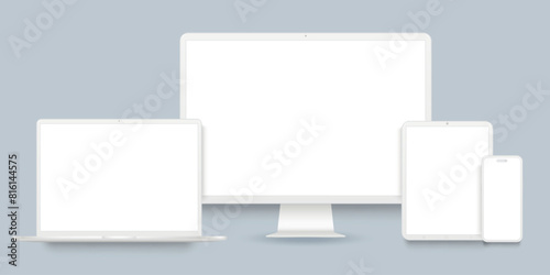 Realistic clean white devices mockup set with blank screen. Tablet PC, desktop computer, laptop and smart phone