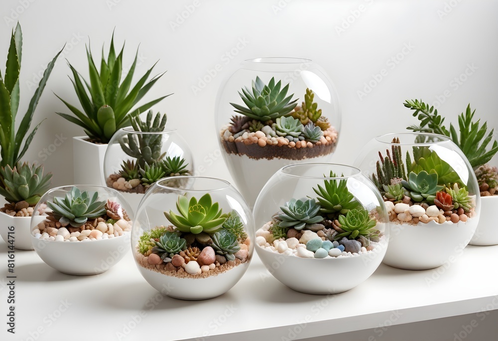 Sophisticated glass terrariums and premium porcelain planters brimming with a carefully curated assortment of flourishing succulents, cacti, and lush tropical plants, elegantly arranged on a pristine Sophisticated glass terrariums and premium porcelain planters brimming with a carefully curated assortment of flourishing succulents, cacti, and lush tropical plants, elegantly arranged on a pristine