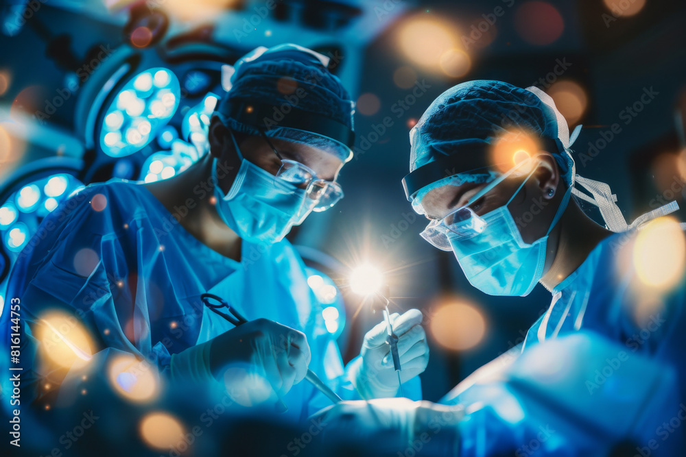 Two surgeons are operating on a patient in an operating room Two surgeons are operating on a patient in an operating room