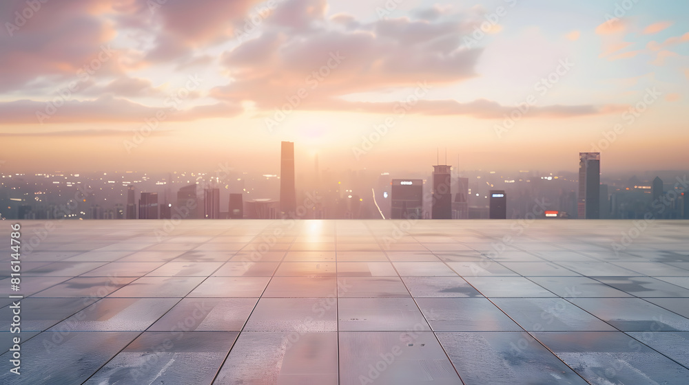 Empty square floor with city skyline at sunset : Generative AI Empty square floor with city skyline at sunset : Generative AI