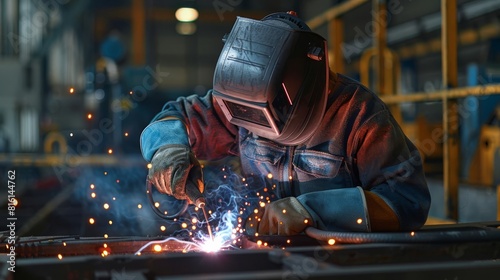 Highresolution image capturing the dynamic and gritty atmosphere of an industrial welder at work, with a focus on glowing metal and protective gear