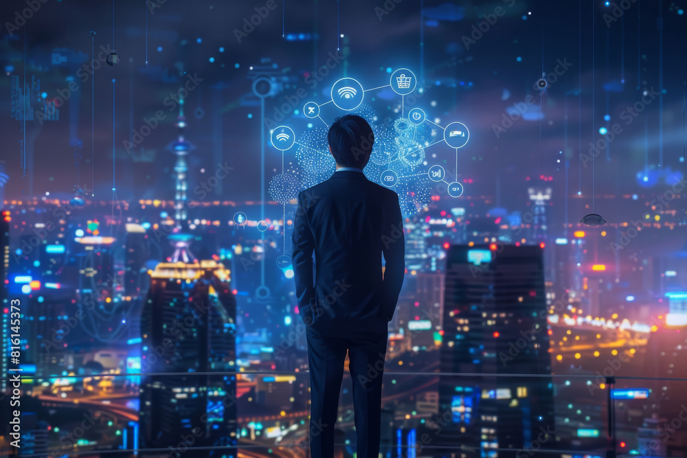 A man in a suit looks out over a city at night A man in a suit looks out over a city at night