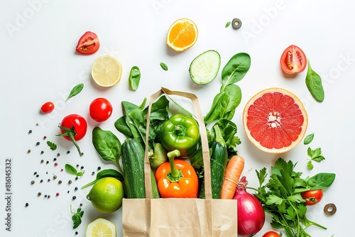 Top view of a paper bag with vegetables and fruits isolated on a white background