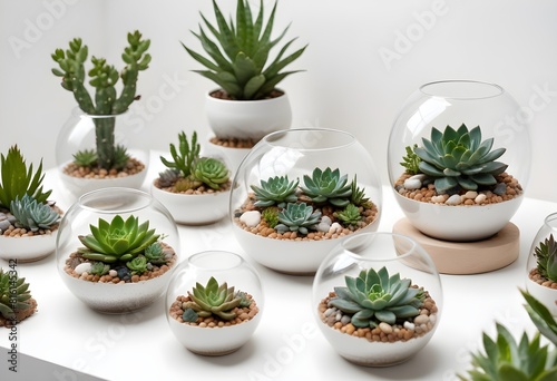 Wallpaper Mural Sophisticated glass terrariums and premium porcelain planters brimming with a carefully curated assortment of flourishing succulents, cacti, and lush tropical plants, elegantly arranged on a pristine  Torontodigital.ca