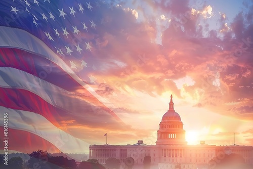 us capitol building with american flag in front at sunset, beautiful sky photo