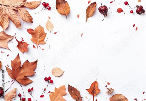 A white background with scattered autumn leaves and berries creating a seasonal wallpaper It represents nature's beauty and could be a best-seller
