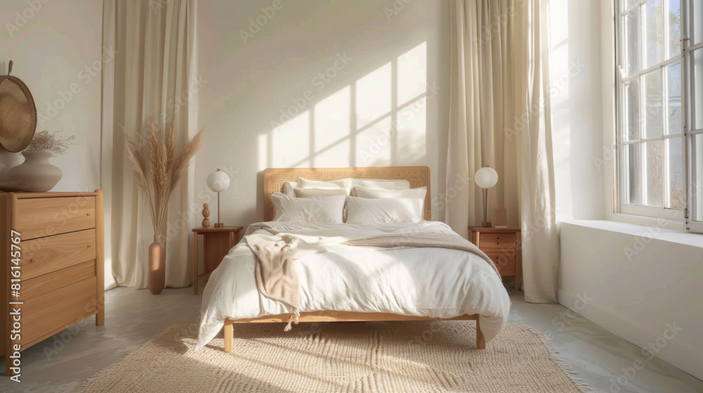 minimal bedroom shaker style light wood furniture high ceilings large white walls and a wool rug