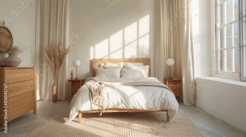 minimal bedroom shaker style light wood furniture high ceilings large white walls and a wool rug