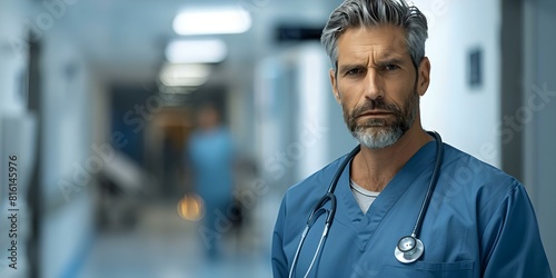 A male doctor in a blue coat with a sad expression walking through a hospital corridor. Concept Male Doctor  Blue Coat  Sad Expression  Hospital Corridor  Medical Professional