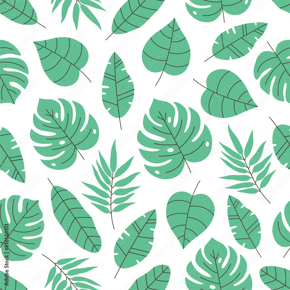 Seamless pattern with tropical leaves. Seamless pattern for wallpaper, textile, fabric, wrapping paper. Vector illustration in flat style
