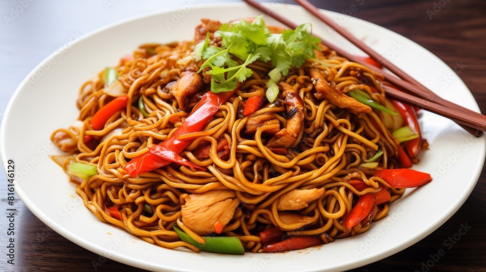 This image showcases a spicy Chicken Chow Mein served on a white plate over a wooden table, conveying a homey meal
