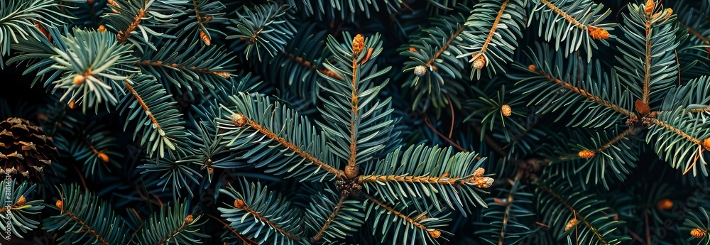 Natural wallpaper featuring a close-up photograph of pine needles with budding cones making a beautiful green abstract background